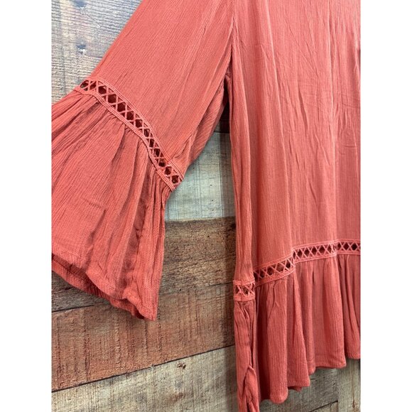 Bobeau Womens Long Sleeve Peasant Top With Crochet Trim In Rust Size L 100% Rayo - Picture 2 of 8
